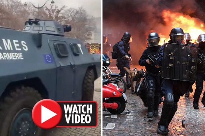 Armoured vehicles bearing EU flag Deployed Paris in sign European Army ALREADY created